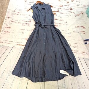 Theory Blue Pleated Midi Dress with Notched Collar